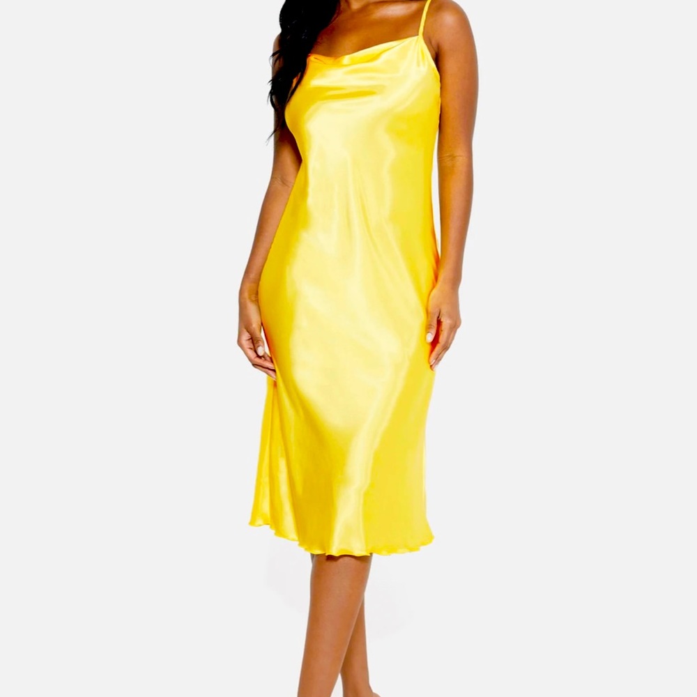 Gold BEBE cowl neck satin midi slip dress M